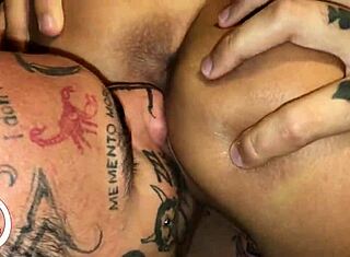 Tattooed brunette gets her pussy licked and squirts in wild orgasm